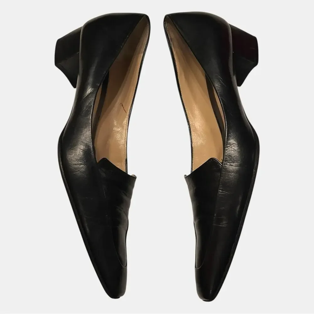 GIORGIO ARMANI black leather low heel squared off point toe heels size 9.5 39.5